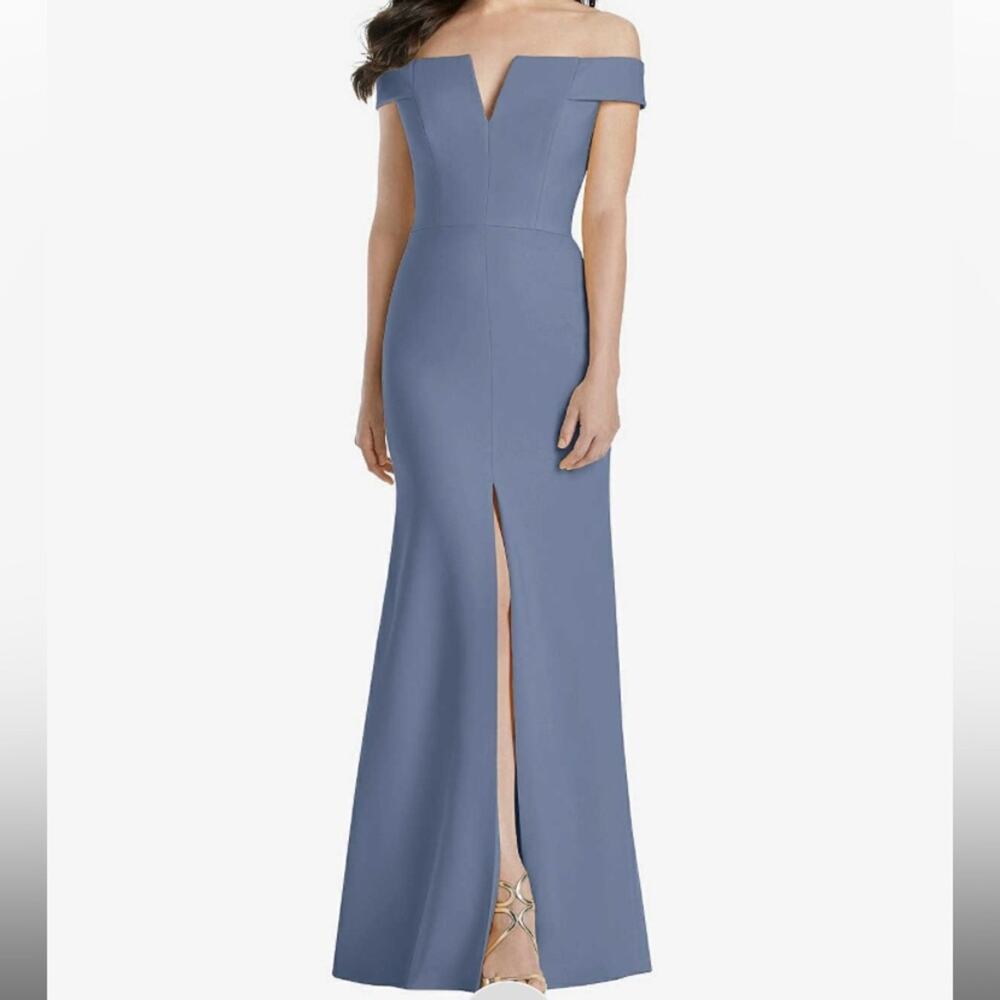 Dessy Collection NWT Off Shoulder Trumpet Gown Front Slit Larkspur Blue Size 4